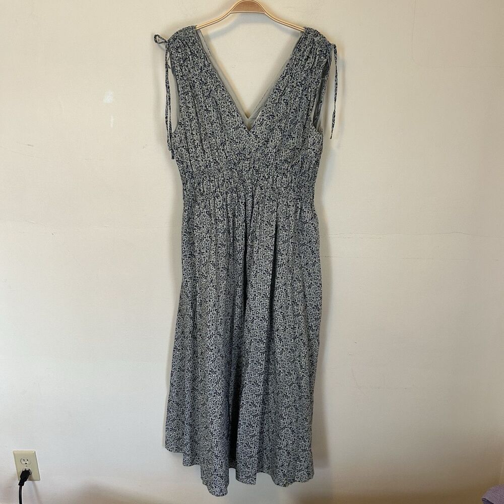 Madewell Blue Floral Midi Dress Sleeveless Smocked Cinched Tie Shoulder Striped